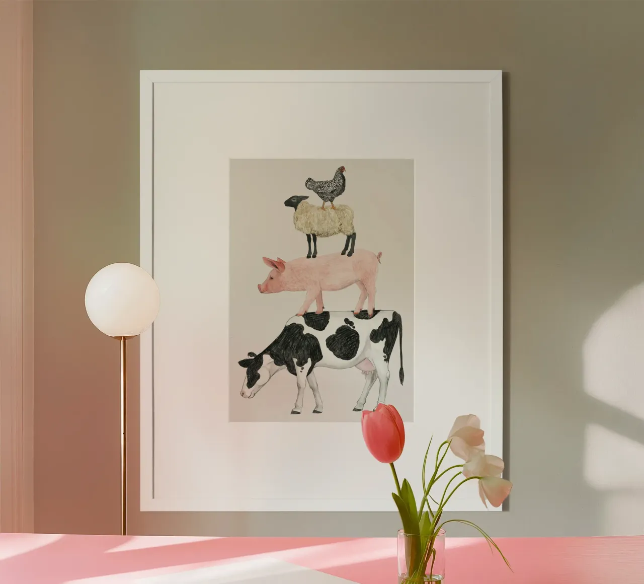 Divertente piramide della fattoria degli animali poster con telaio in legno da medineprint