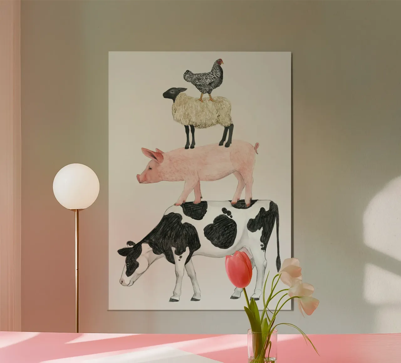 Divertente piramide della fattoria degli animali poster con telaio in legno da medineprint