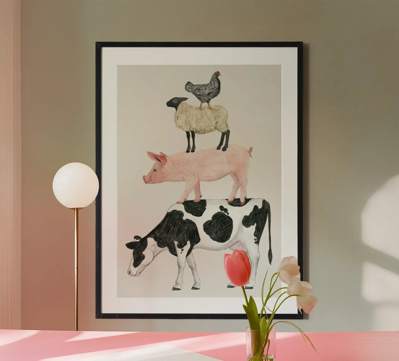 Divertente piramide della fattoria degli animali poster con telaio in legno da medineprint