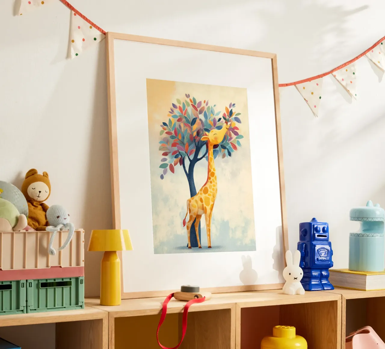 Rainbow Giraffe poster con telaio in legno da Kiara