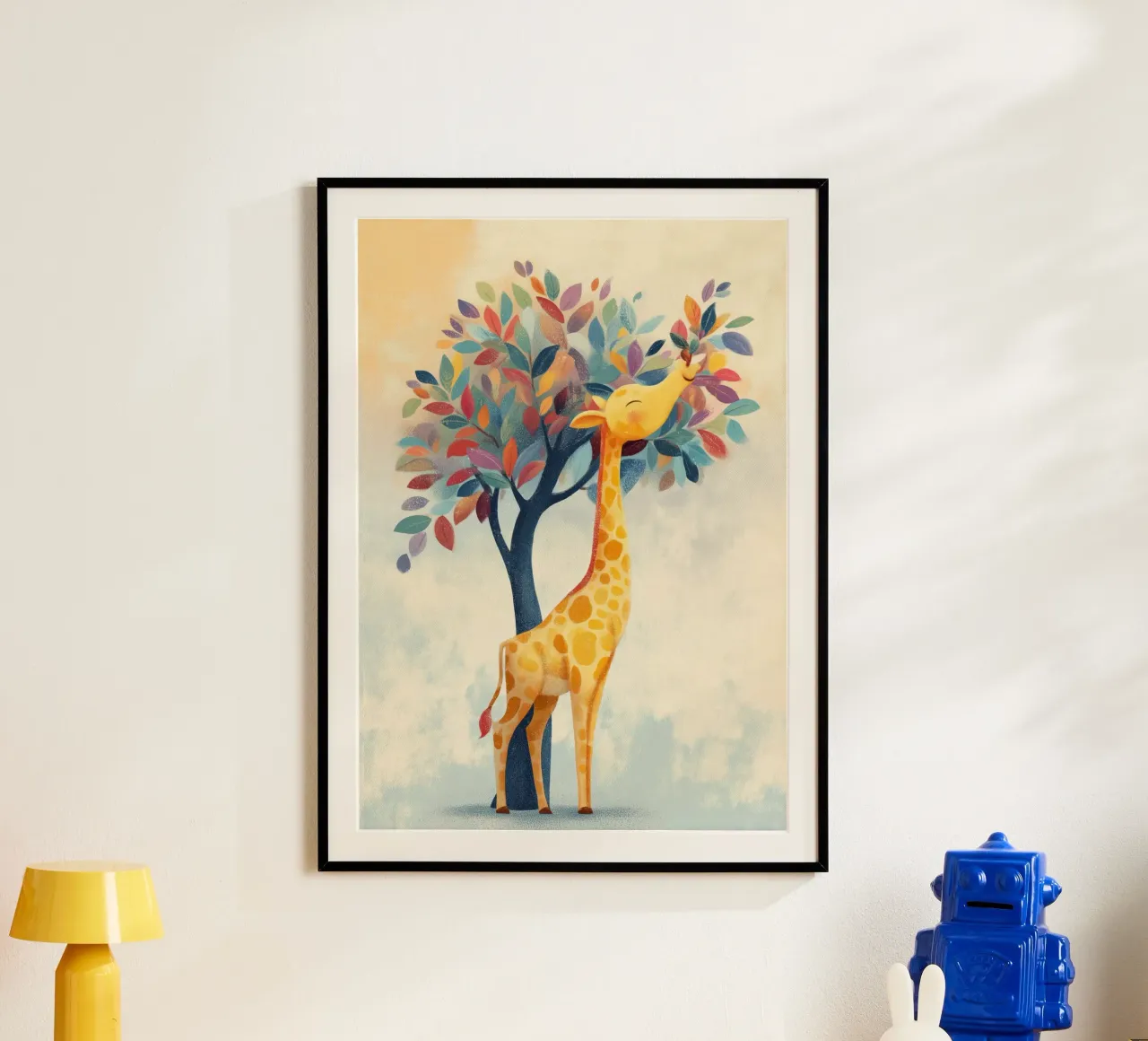 Rainbow Giraffe poster con telaio in legno da Kiara
