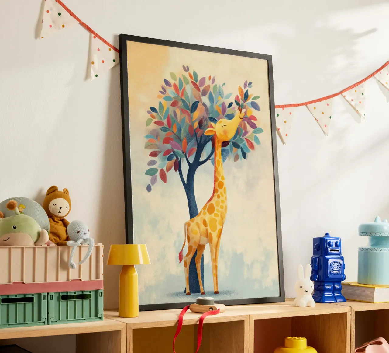 Rainbow Giraffe poster con telaio in legno da Kiara