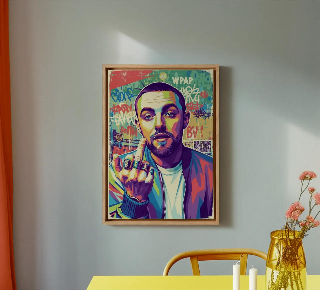 Mac Miller dedo corazón lienzo con Marco flotante de Hantamrata