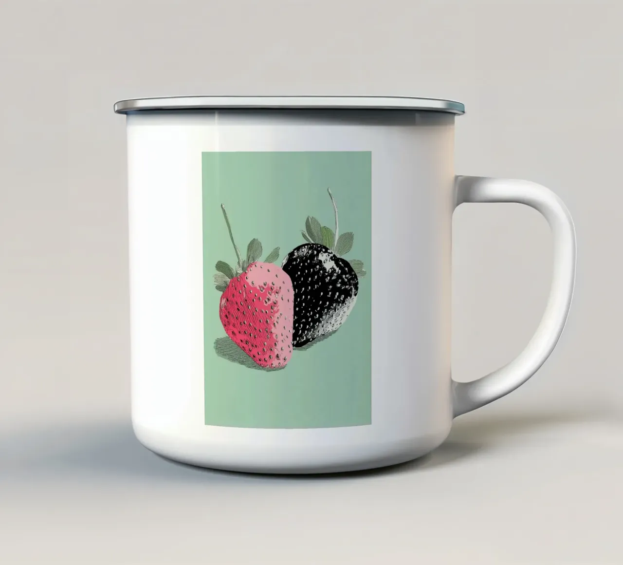 Zwarte en roze aardbeien emaille mok van Carinaprint