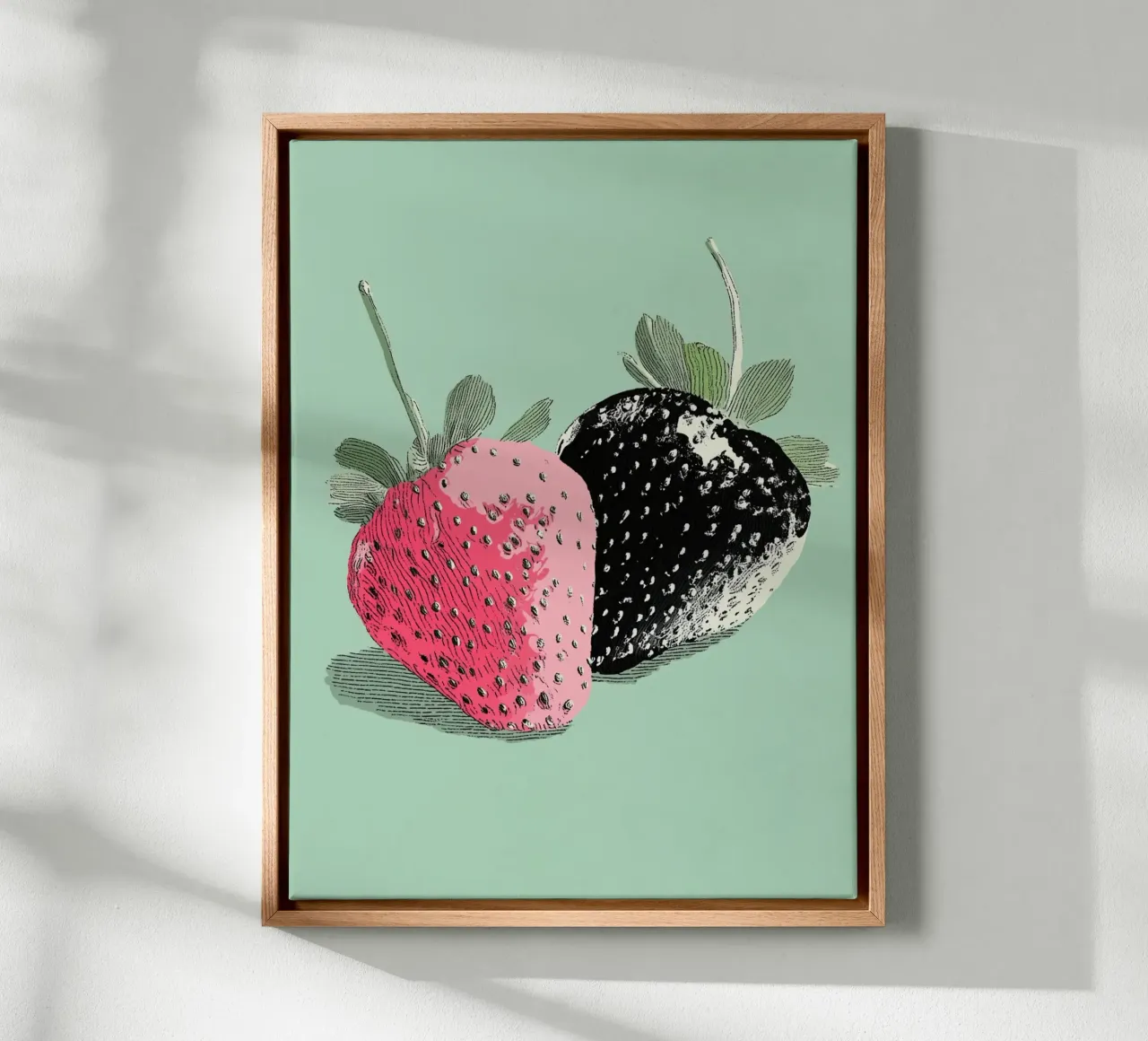 Zwarte en roze aardbeien canvas met Baklijst van Carinaprint
