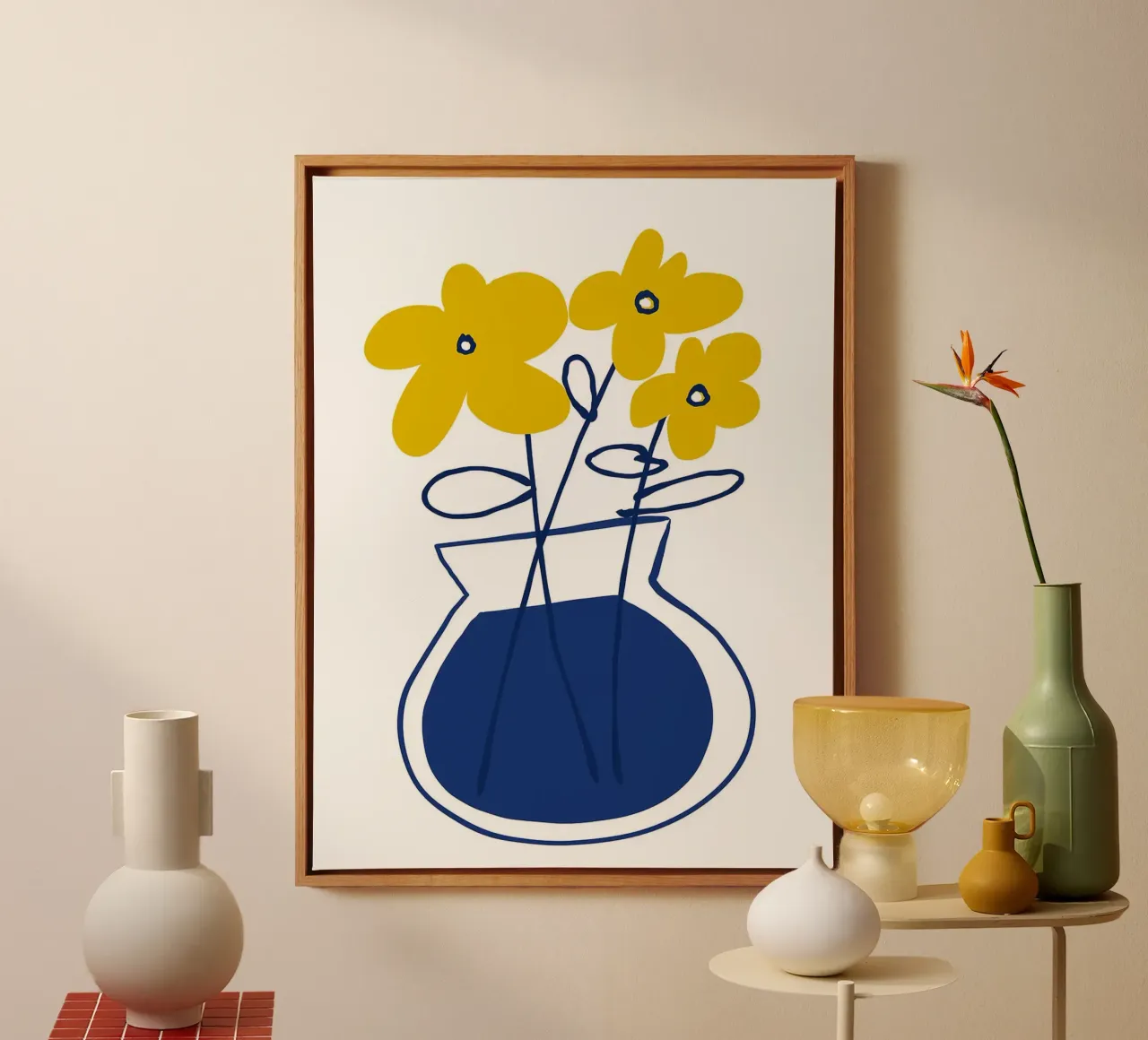 Fleurs jaunes dans un vase bleu toile avec Caisse américaine de Liam Johnson