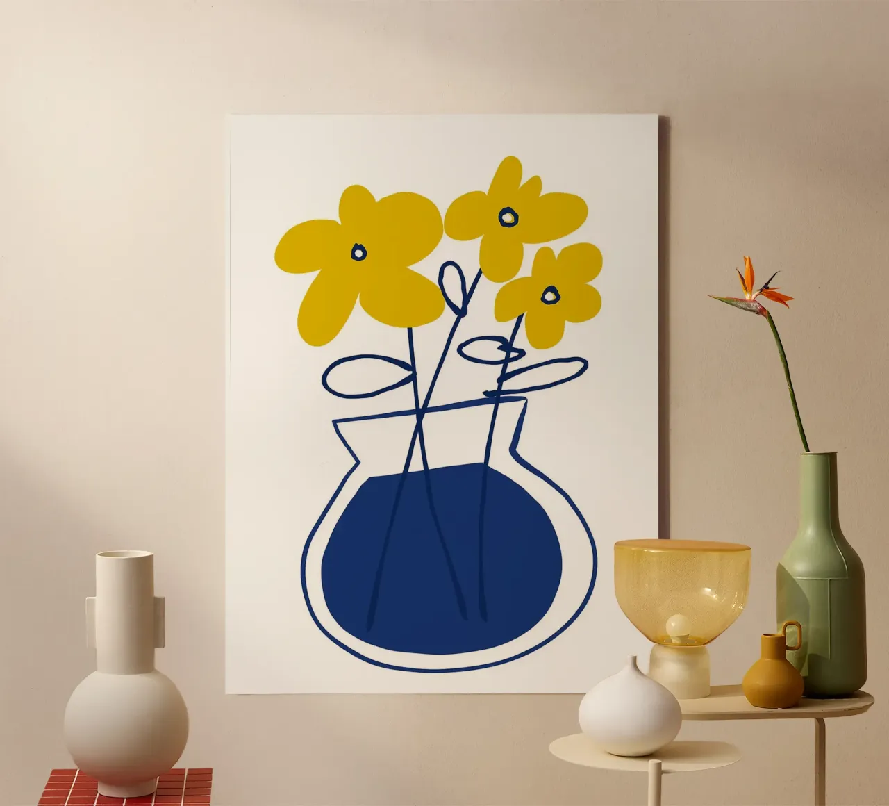 Fleurs jaunes dans un vase bleu toile avec Caisse américaine de Liam Johnson