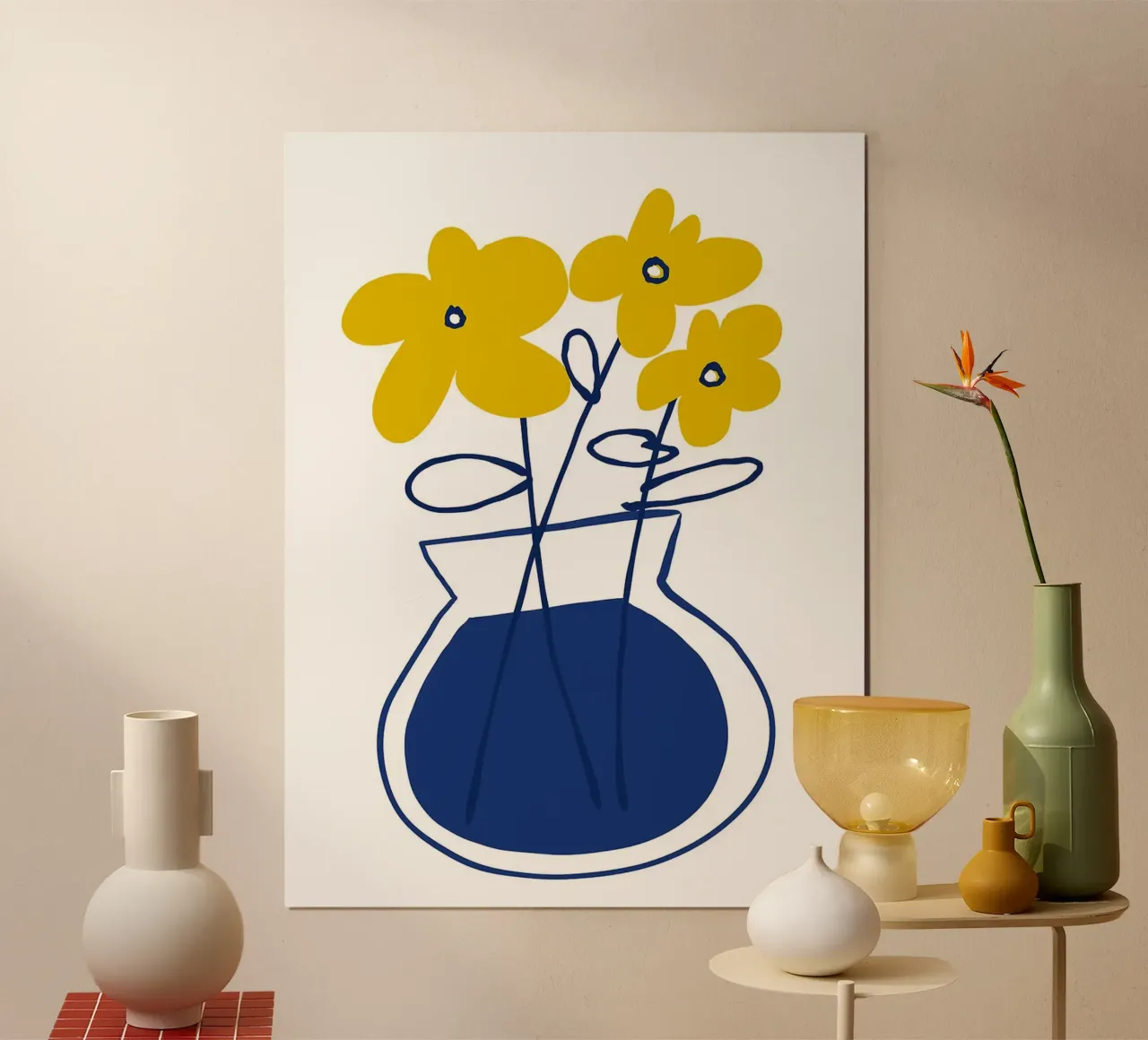 Fiori gialli in vaso blu poster da Liam Johnson