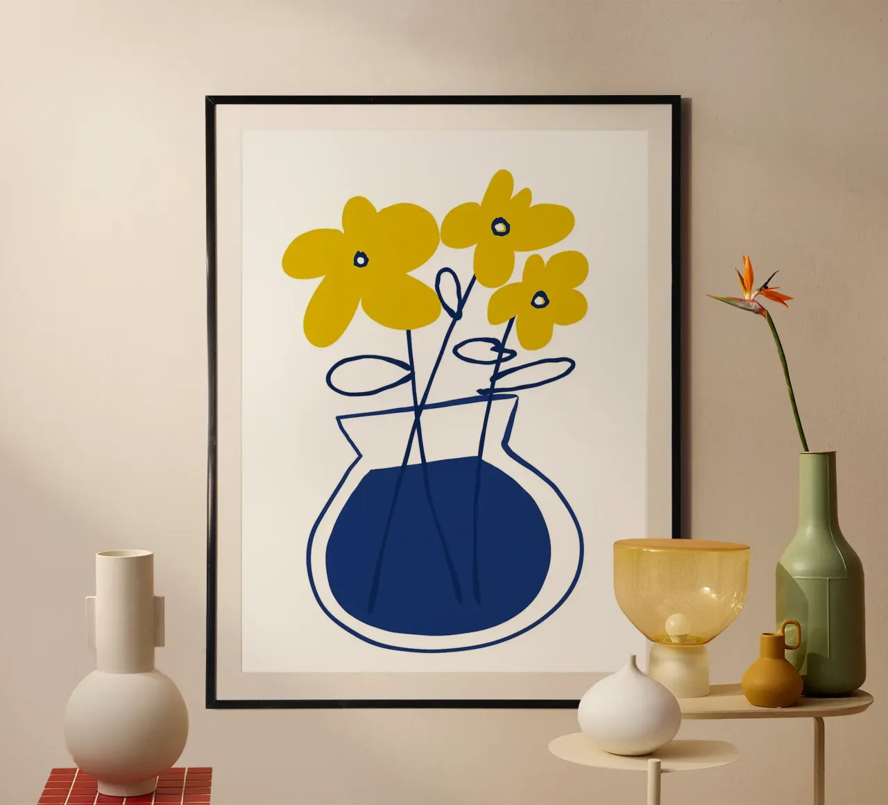 Fiori gialli in vaso blu poster da Liam Johnson