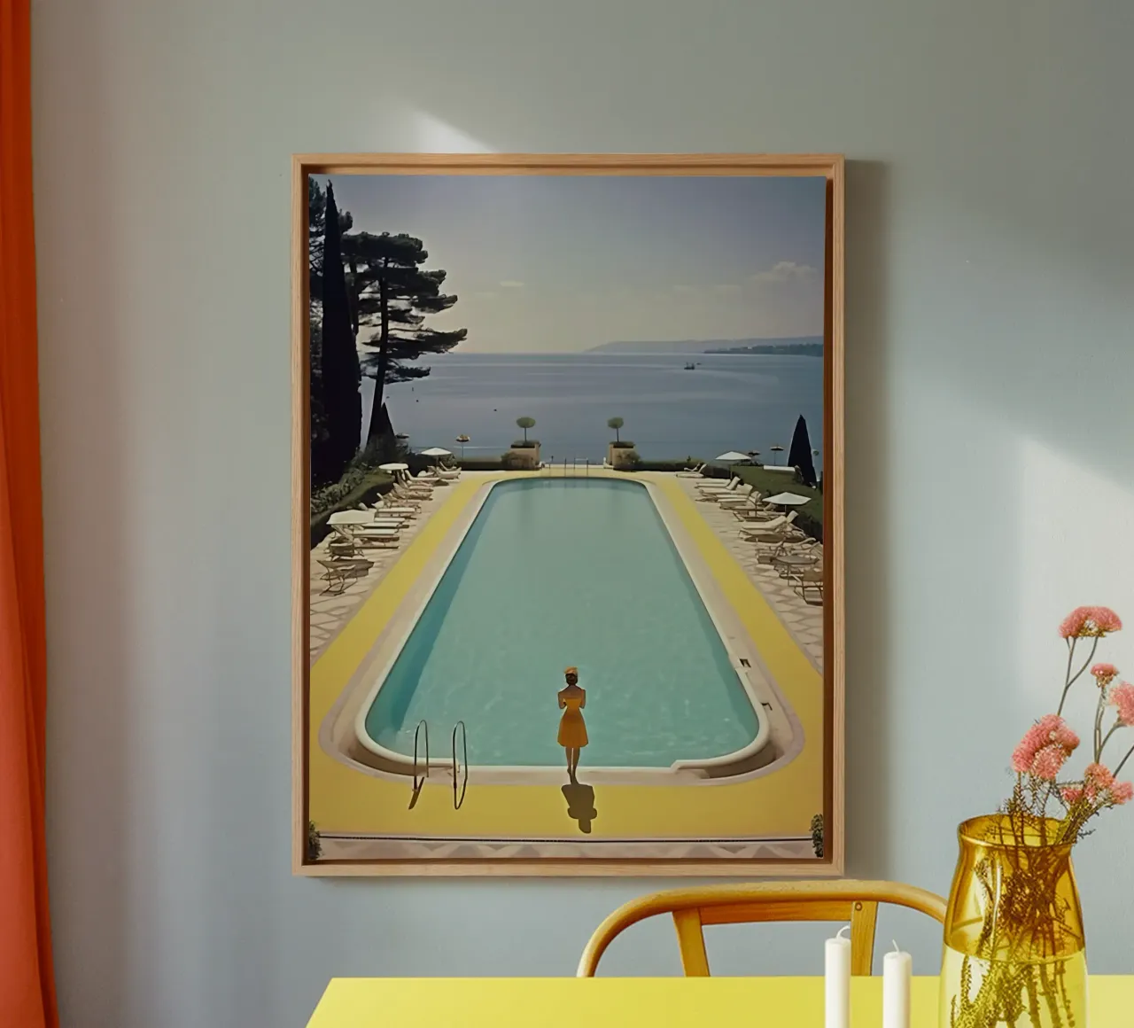 Cannes-Pool im Retro-Stil der 60er Jahre Leinwand mit Schattenfugenrahmen von Mr.Lorenzo