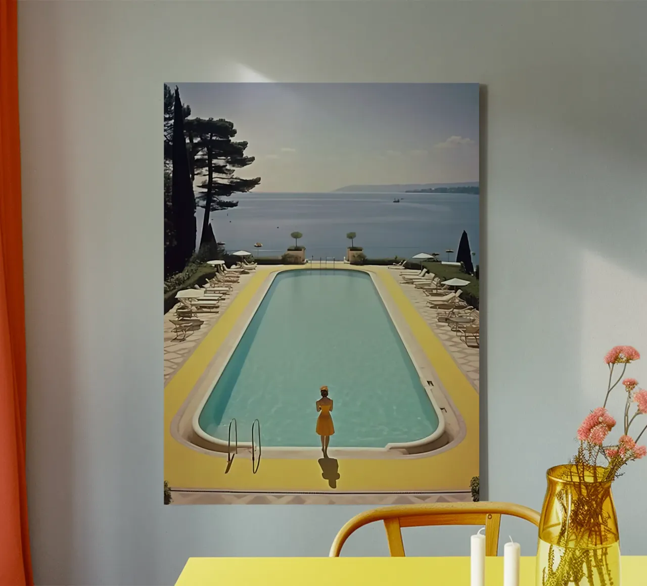 Cannes-Pool im Retro-Stil der 60er Jahre Leinwand mit Schattenfugenrahmen von Mr.Lorenzo