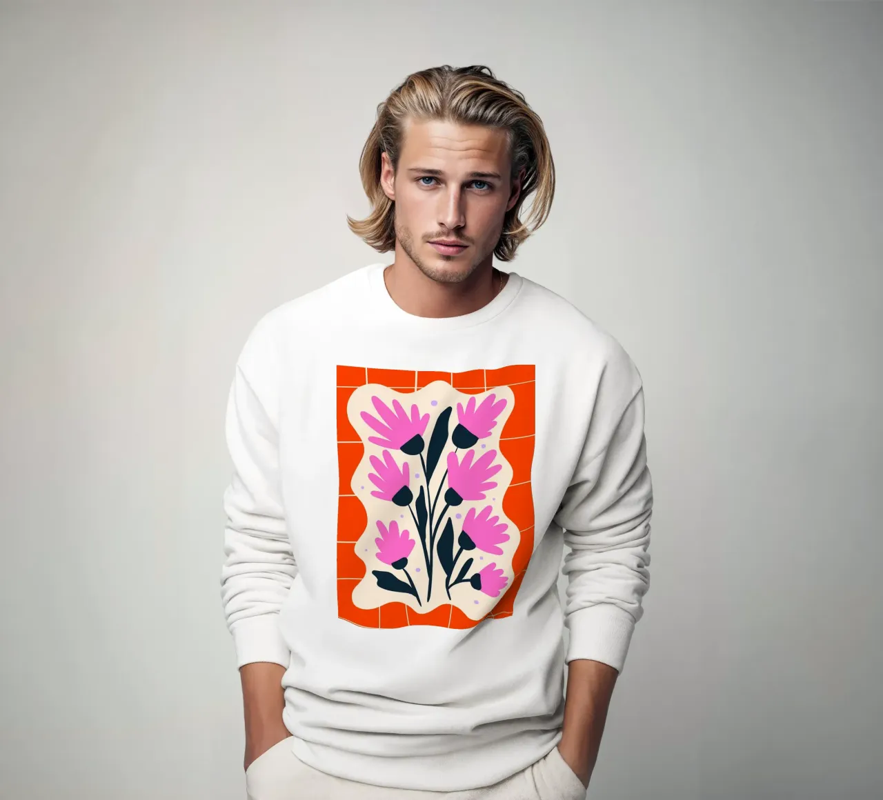 Fiori rosa su griglia arancione felpa da Noah Bouchard