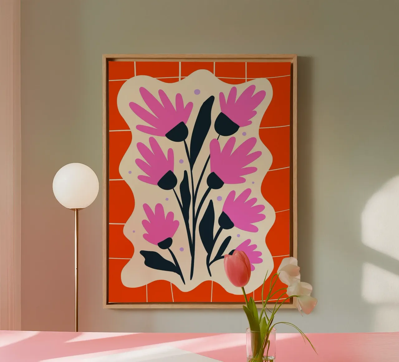 Pink Flowers on Orange Grid canvas with Floater frame by Noah Bouchard