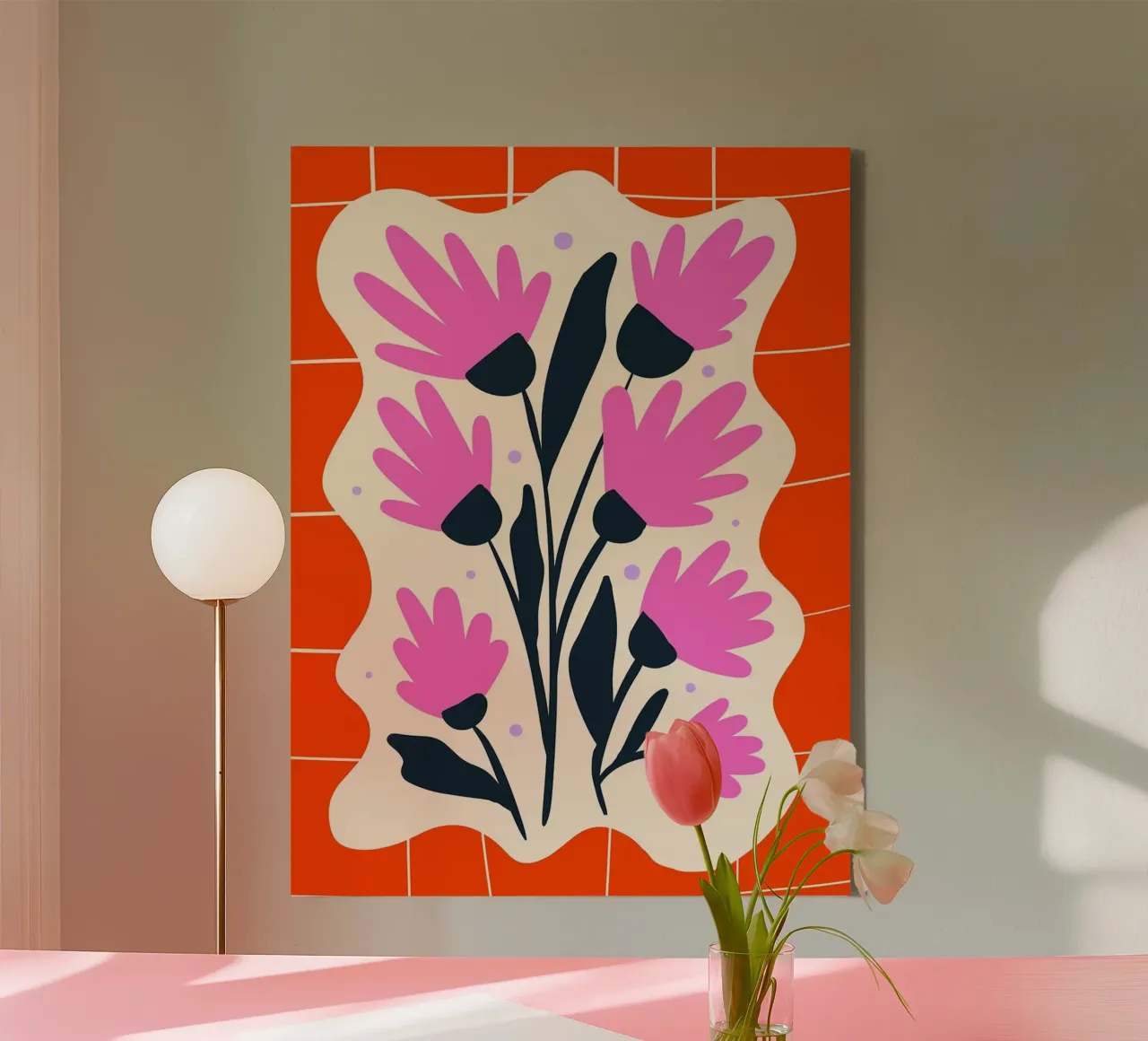 Pink Flowers on Orange Grid canvas with Floater frame by Noah Bouchard