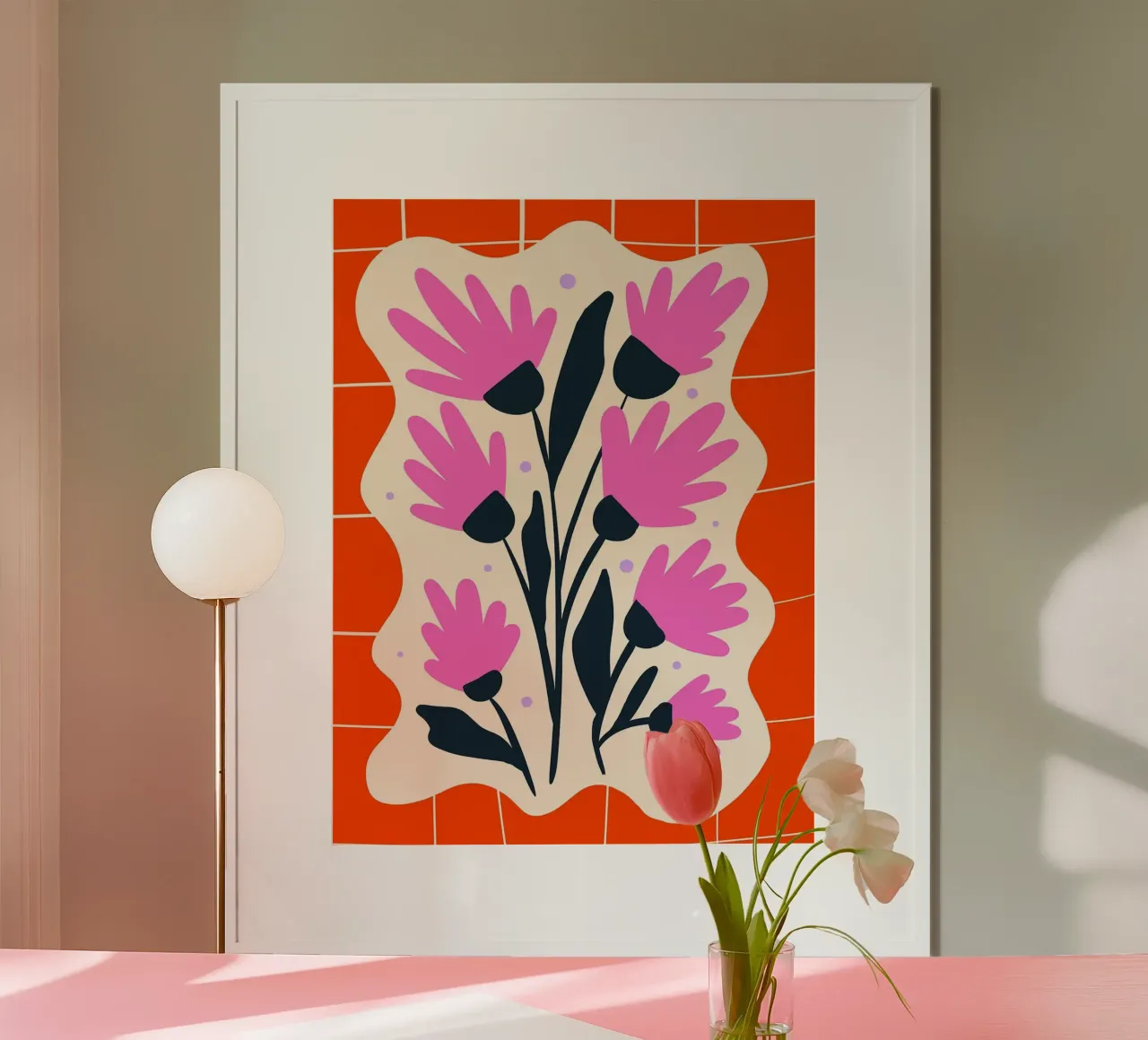 Fiori rosa su griglia arancione poster da Noah Bouchard
