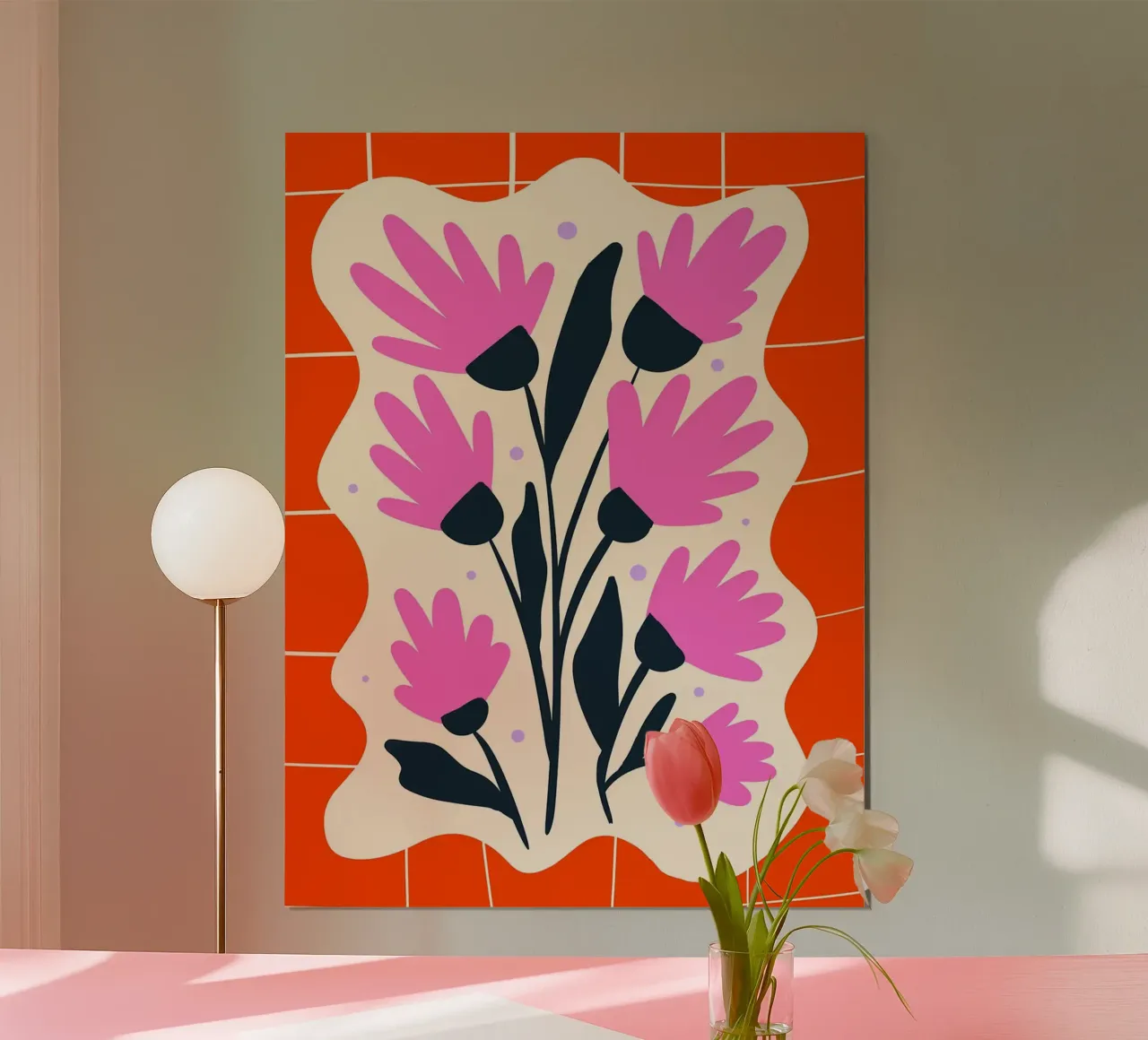 Fiori rosa su griglia arancione poster da Noah Bouchard