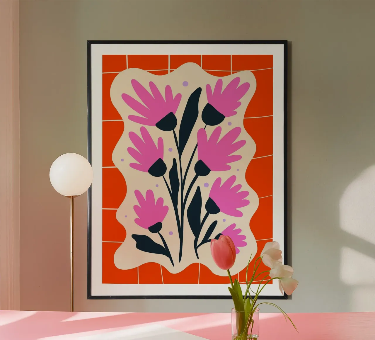 Fiori rosa su griglia arancione poster da Noah Bouchard
