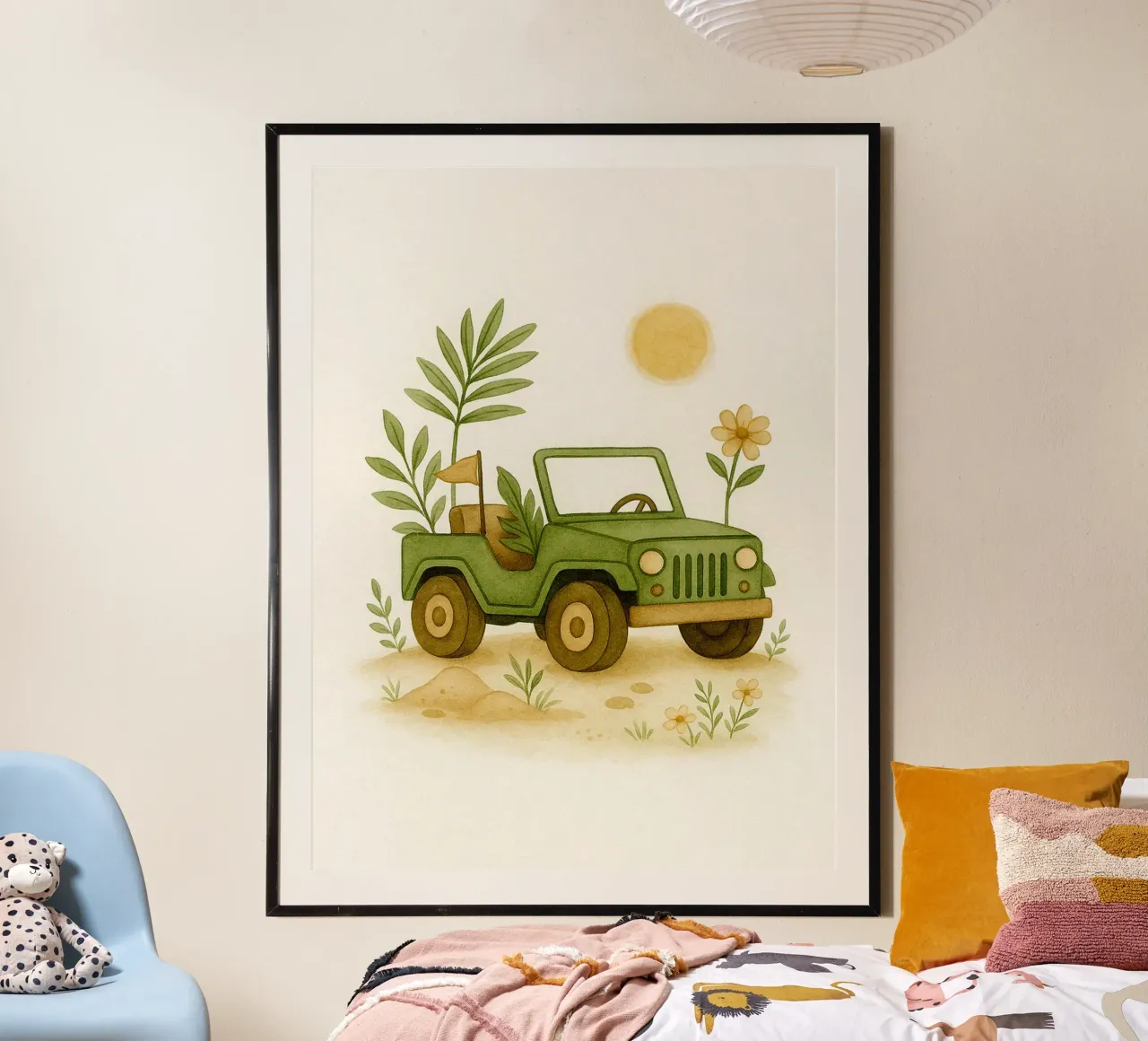 Jeep verde nella natura poster con telaio in legno da Noah Bouchard