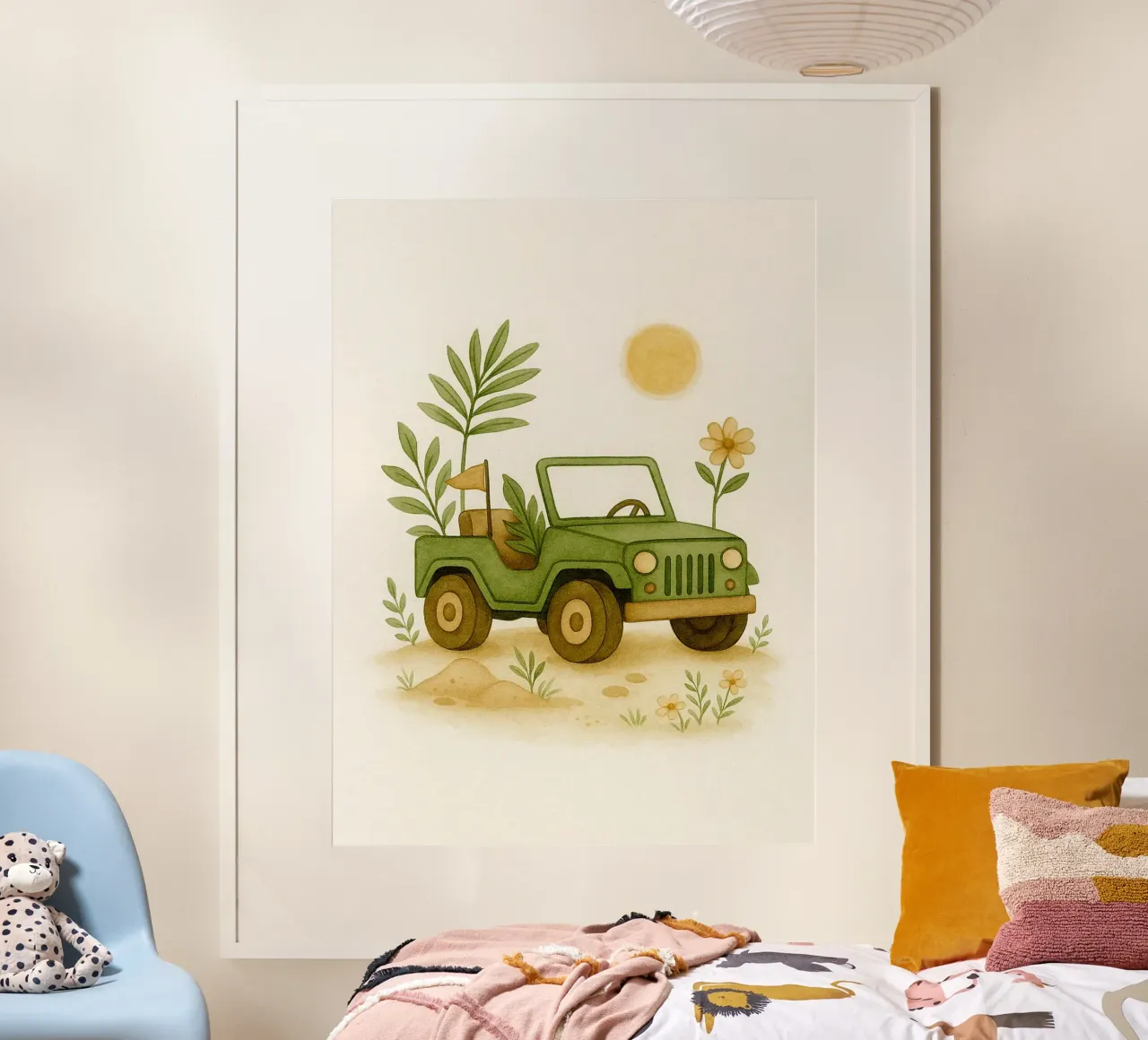 Jeep verde nella natura poster con telaio in legno da Noah Bouchard