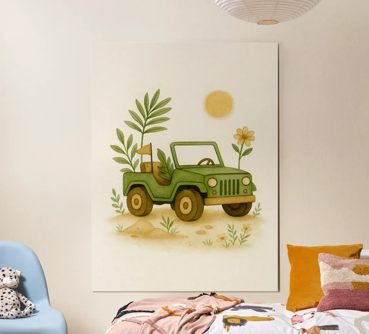 Jeep verde nella natura poster con telaio in legno da Noah Bouchard