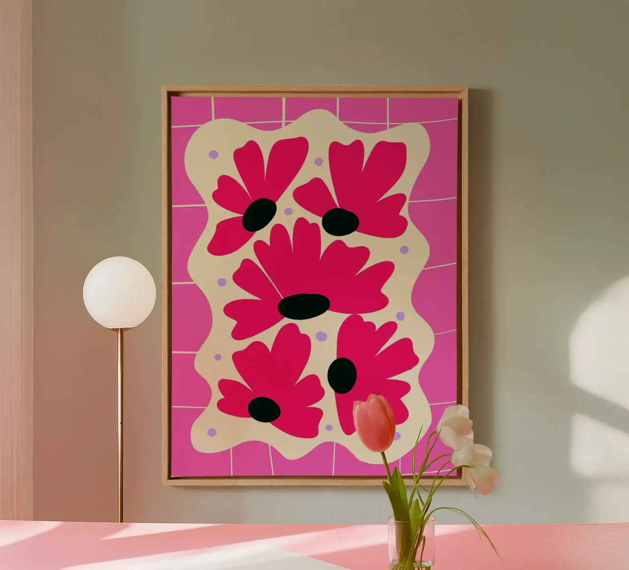 Floral rosa sobre cuadrícula rosa lienzo con Marco flotante de Noah Bouchard