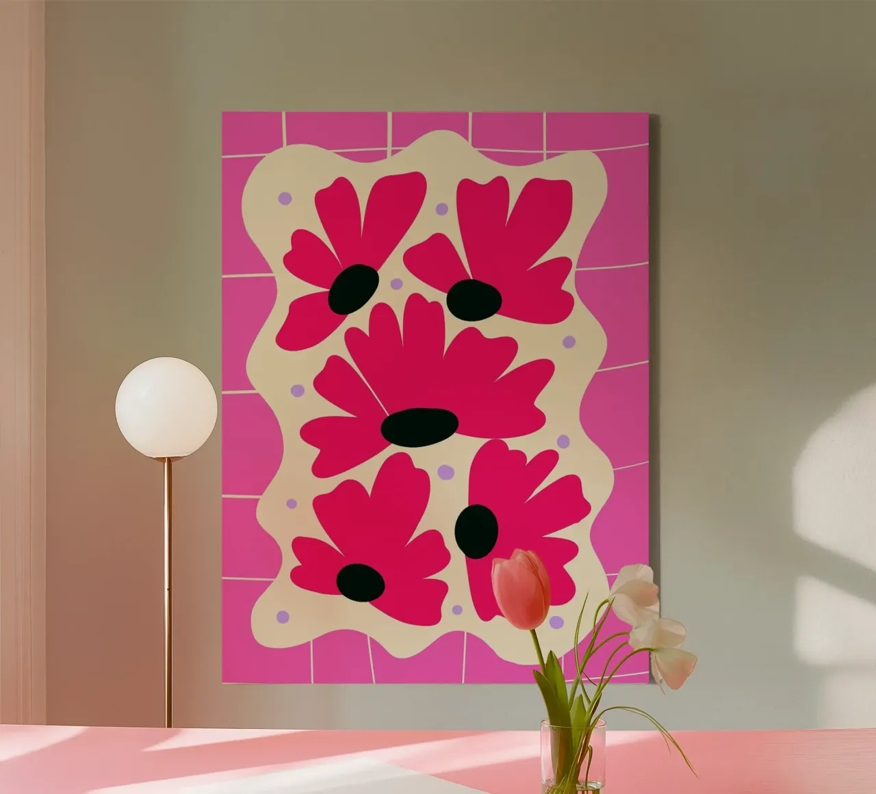 Floral rosa sobre cuadrícula rosa lienzo con Marco flotante de Noah Bouchard