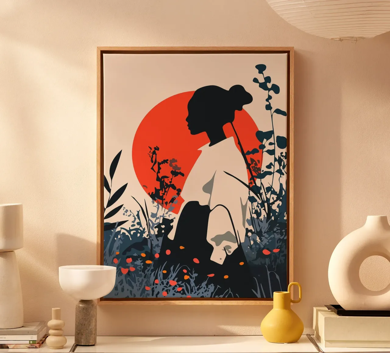 Silhouette di donna in campo rosso sole Illustrazione artistica minimalista tela con Cornice a cassetta da Charlotte Gagnon