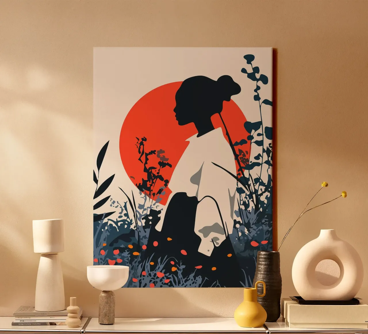 Silhouette di donna in campo rosso sole Illustrazione artistica minimalista tela con Cornice a cassetta da Charlotte Gagnon