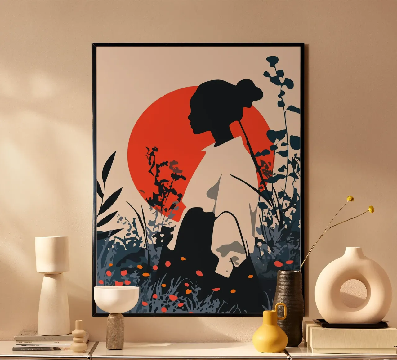 Silhouette di donna in campo rosso sole Illustrazione artistica minimalista poster con telaio in plastica da Charlotte Gagnon
