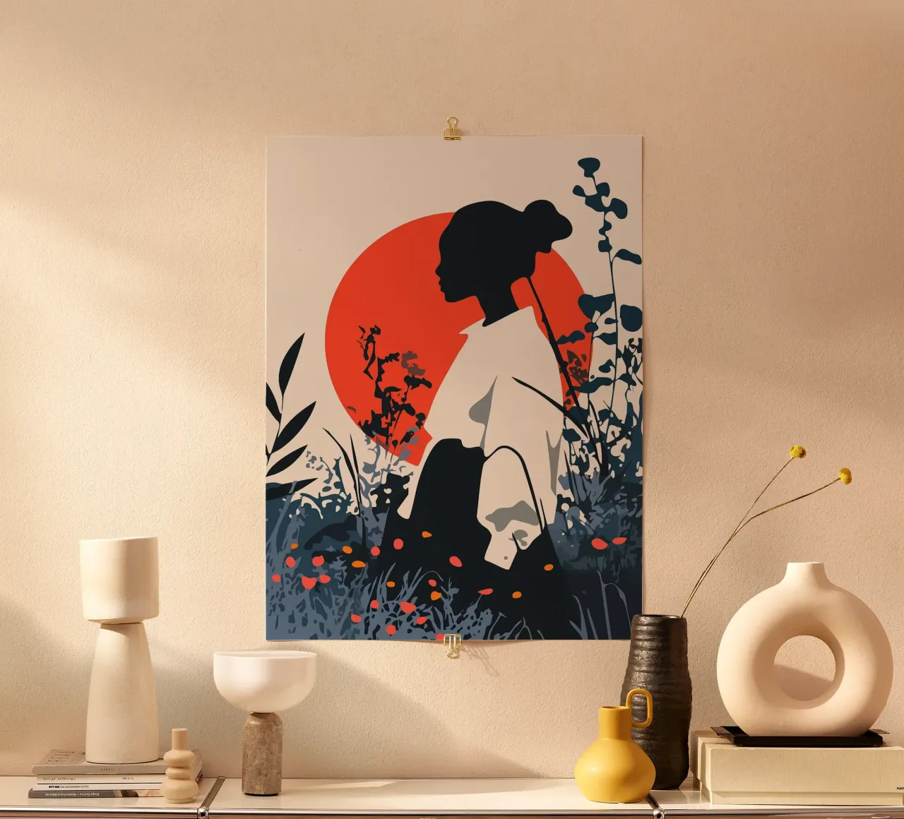 Silhouette di donna in campo rosso sole Illustrazione artistica minimalista poster con telaio in plastica da Charlotte Gagnon