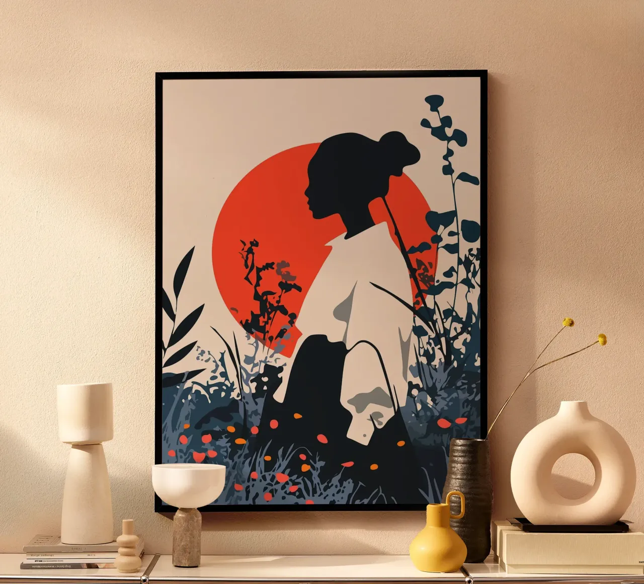 Silhouette di donna in campo rosso sole Illustrazione artistica minimalista poster con telaio in plastica da Charlotte Gagnon