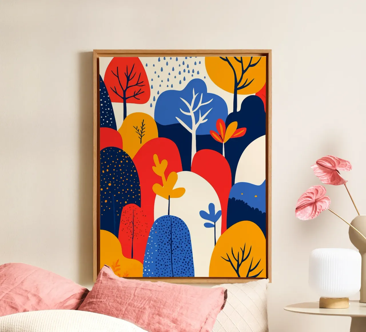 Abstrakte Boho-Wald-Muster Minimalistische Kunst Illustration Leinwand mit Schattenfugenrahmen von Charlotte Gagnon