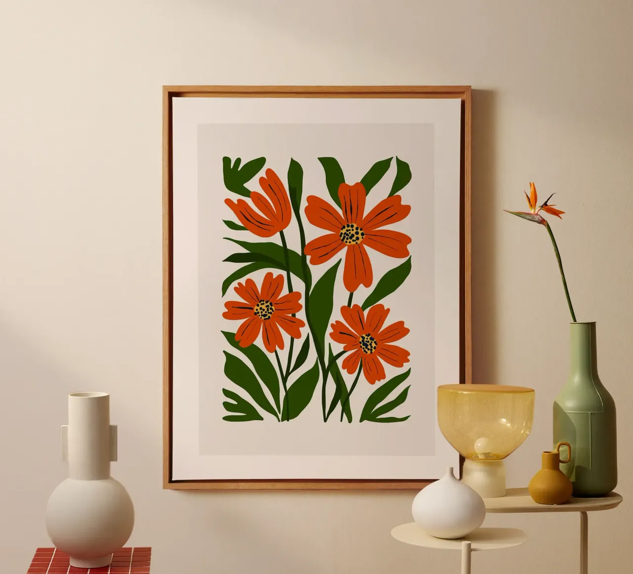 Oranger Blumenstrauß Leinwand mit Schattenfugenrahmen von Hiroto Mori