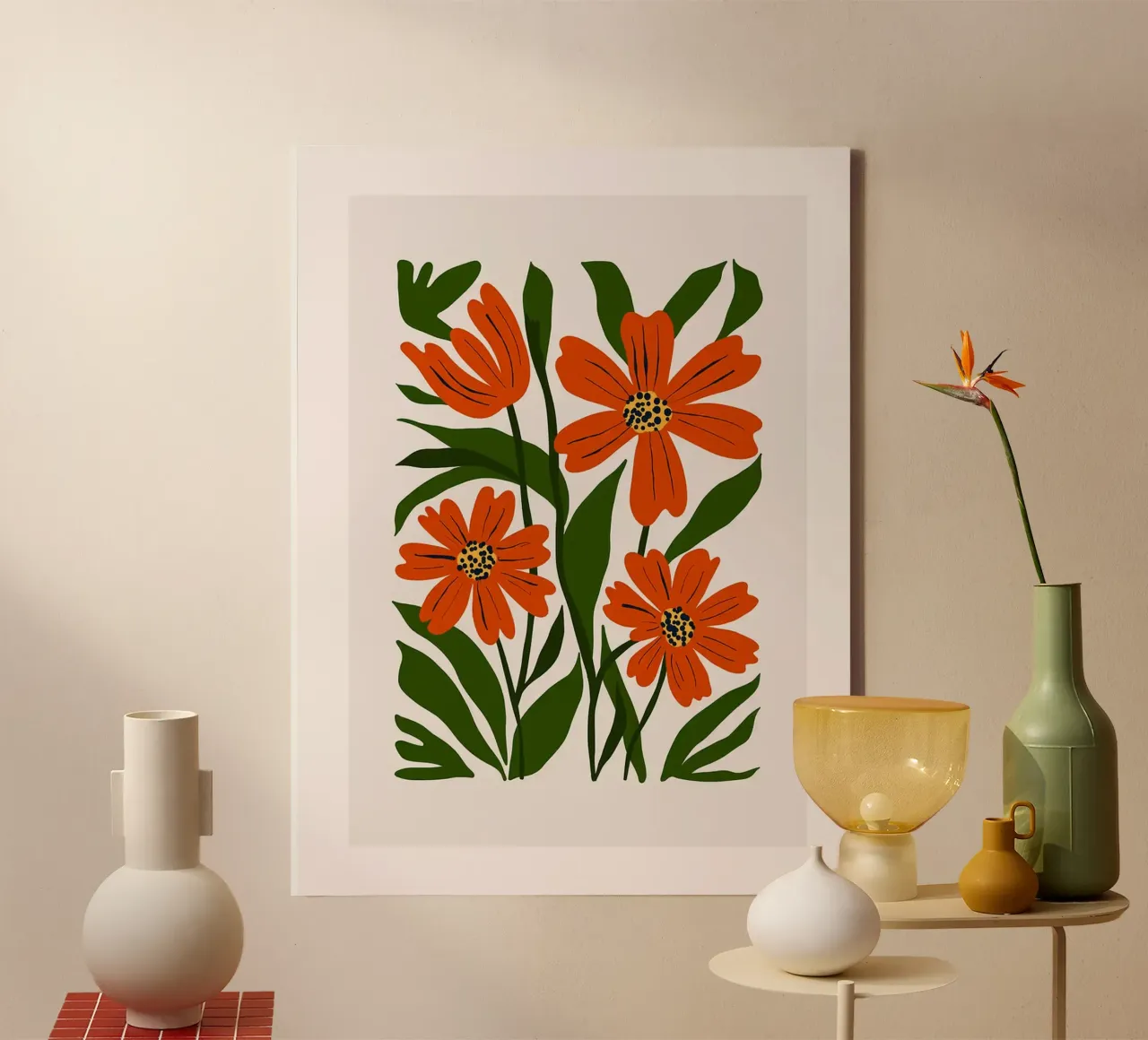 Oranger Blumenstrauß Leinwand mit Schattenfugenrahmen von Hiroto Mori
