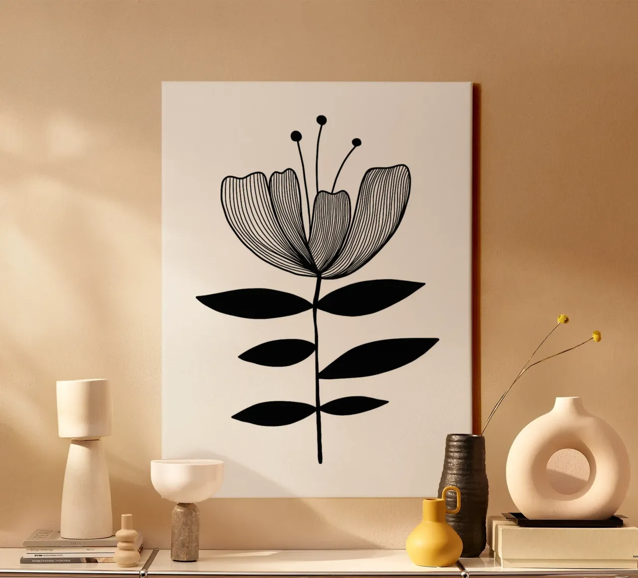 Schwarz-weiße florale Illustration Leinwand mit Schattenfugenrahmen von Hiroto Mori