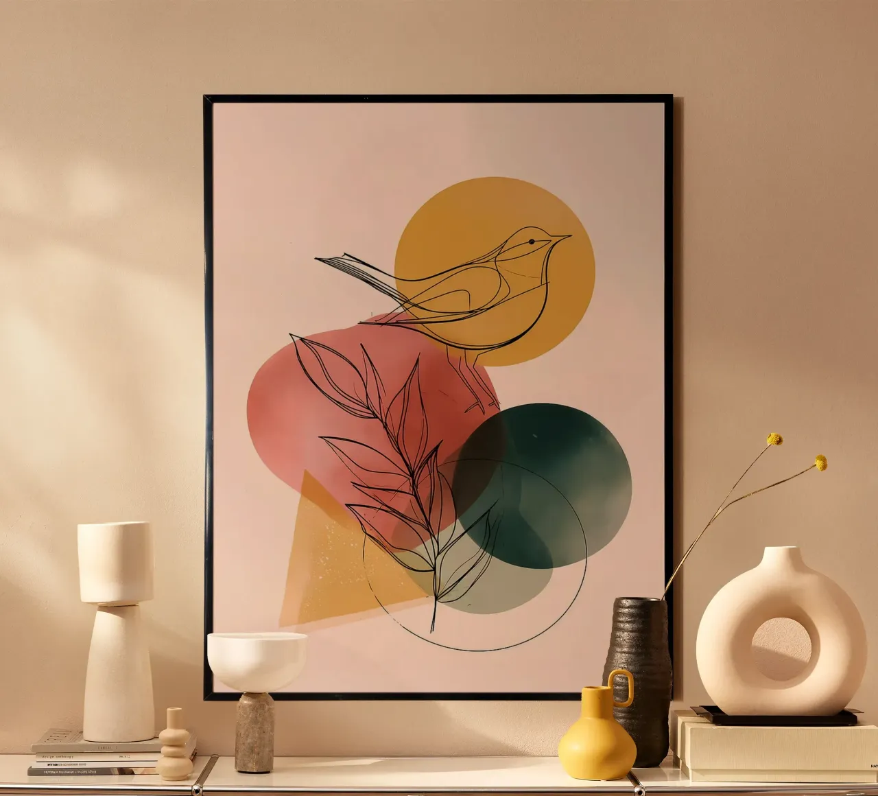 Uccello canoro a colori - Line art minimalista poster con telaio in plastica da Hiroto Mori