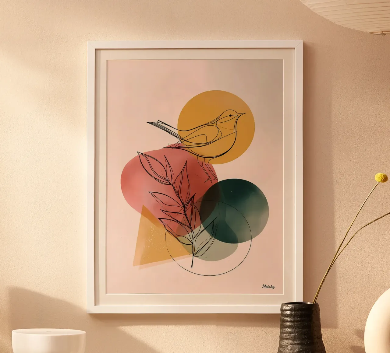 Uccello canoro a colori - Line art minimalista poster con telaio in plastica da Hiroto Mori