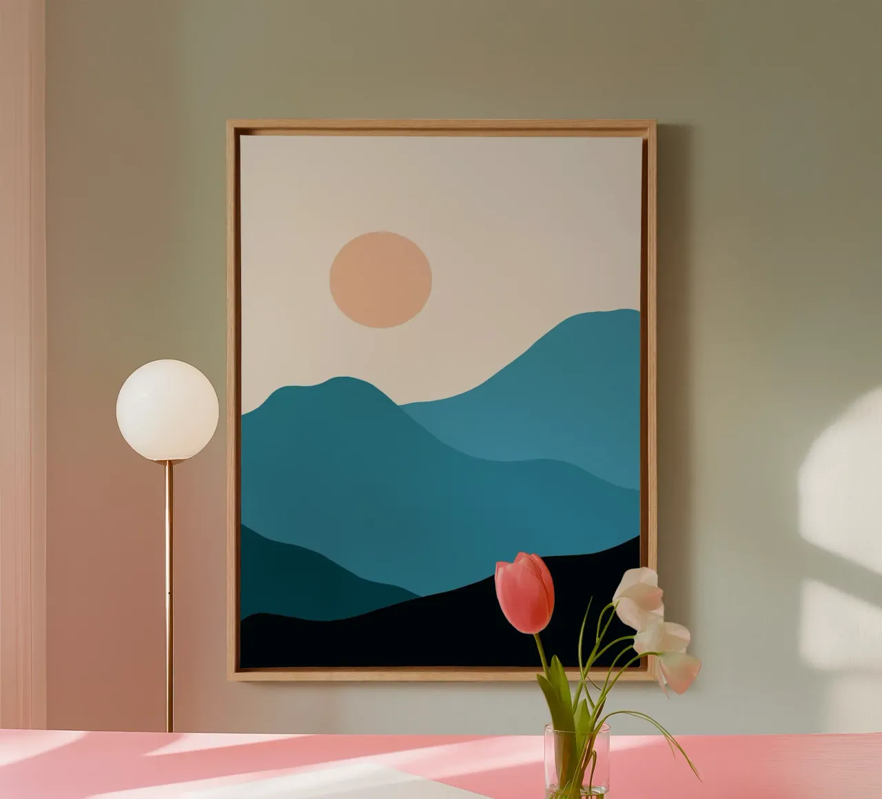 Minimalistische berg zonsondergang canvas met Baklijst van Hiroto Mori