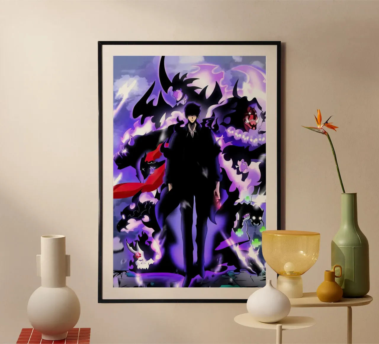 Livellamento in solitaria di Sung Jinwoo poster con telaio in legno da Alfamart