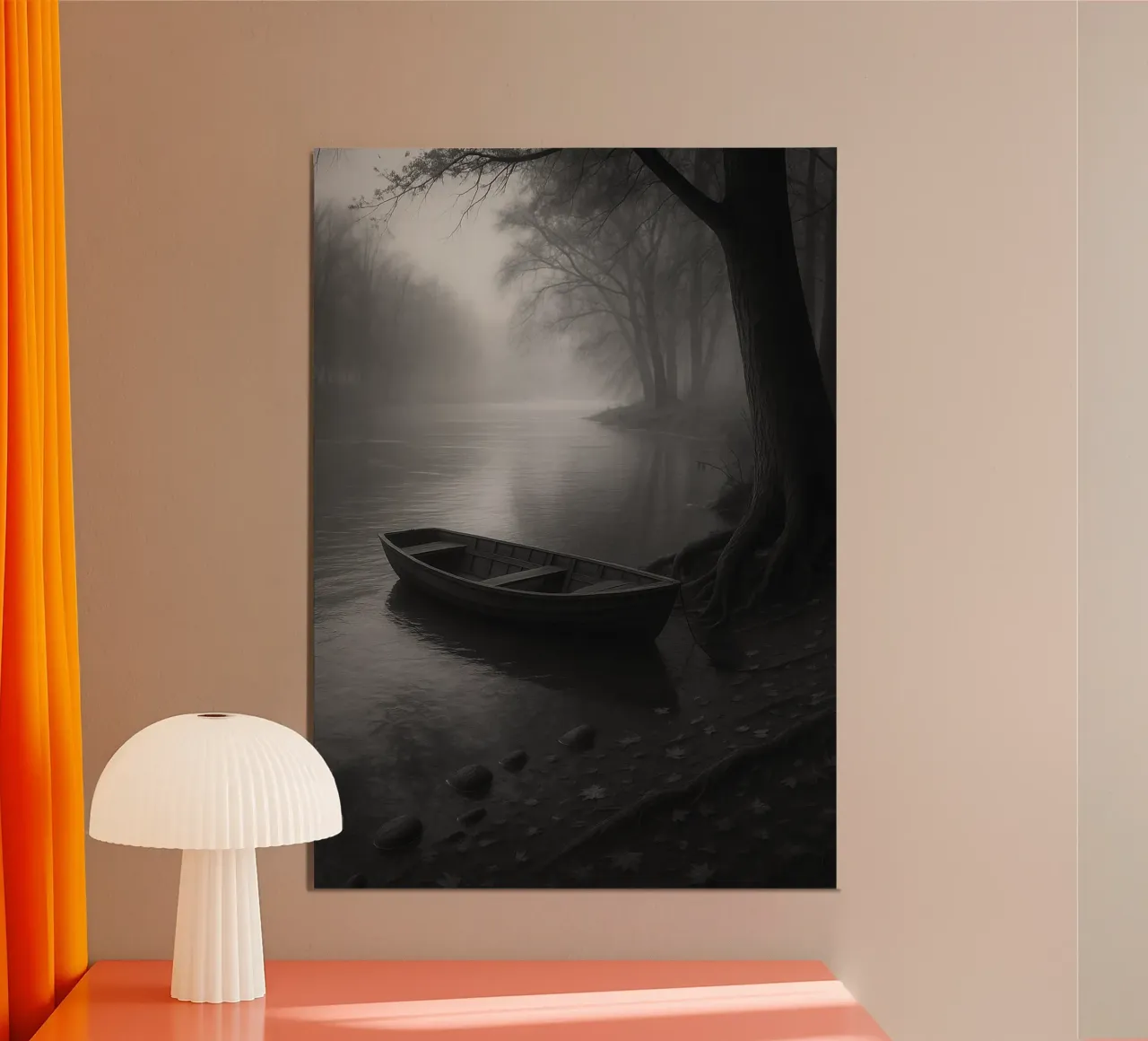 barca parcheggiata al molo del lago fotografia in bianco e nero poster da roosses