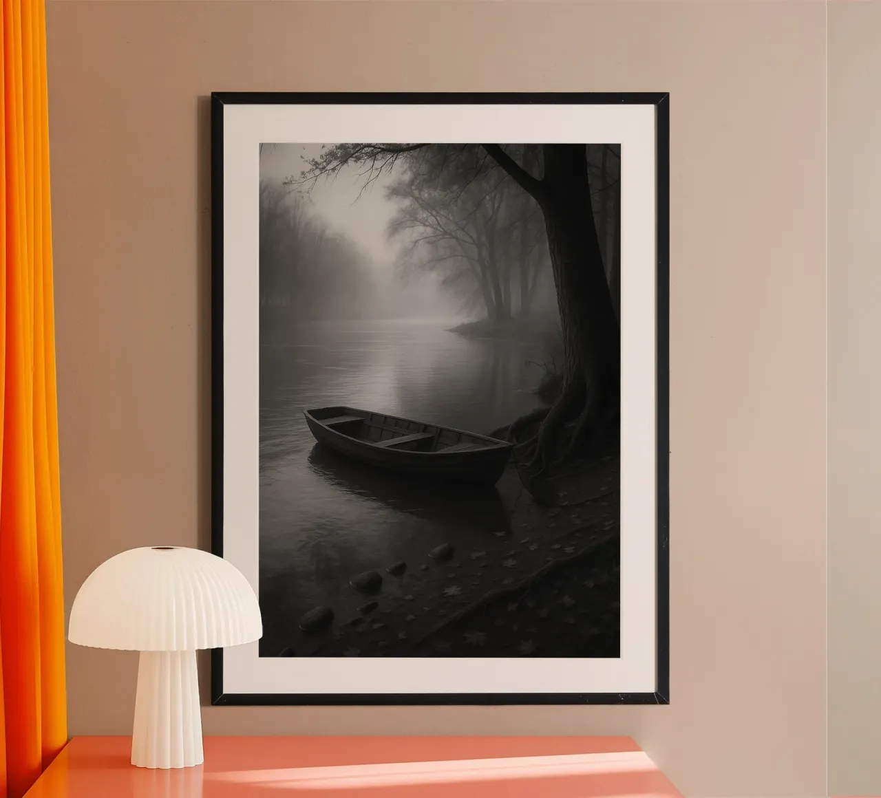 barca parcheggiata al molo del lago fotografia in bianco e nero poster da roosses