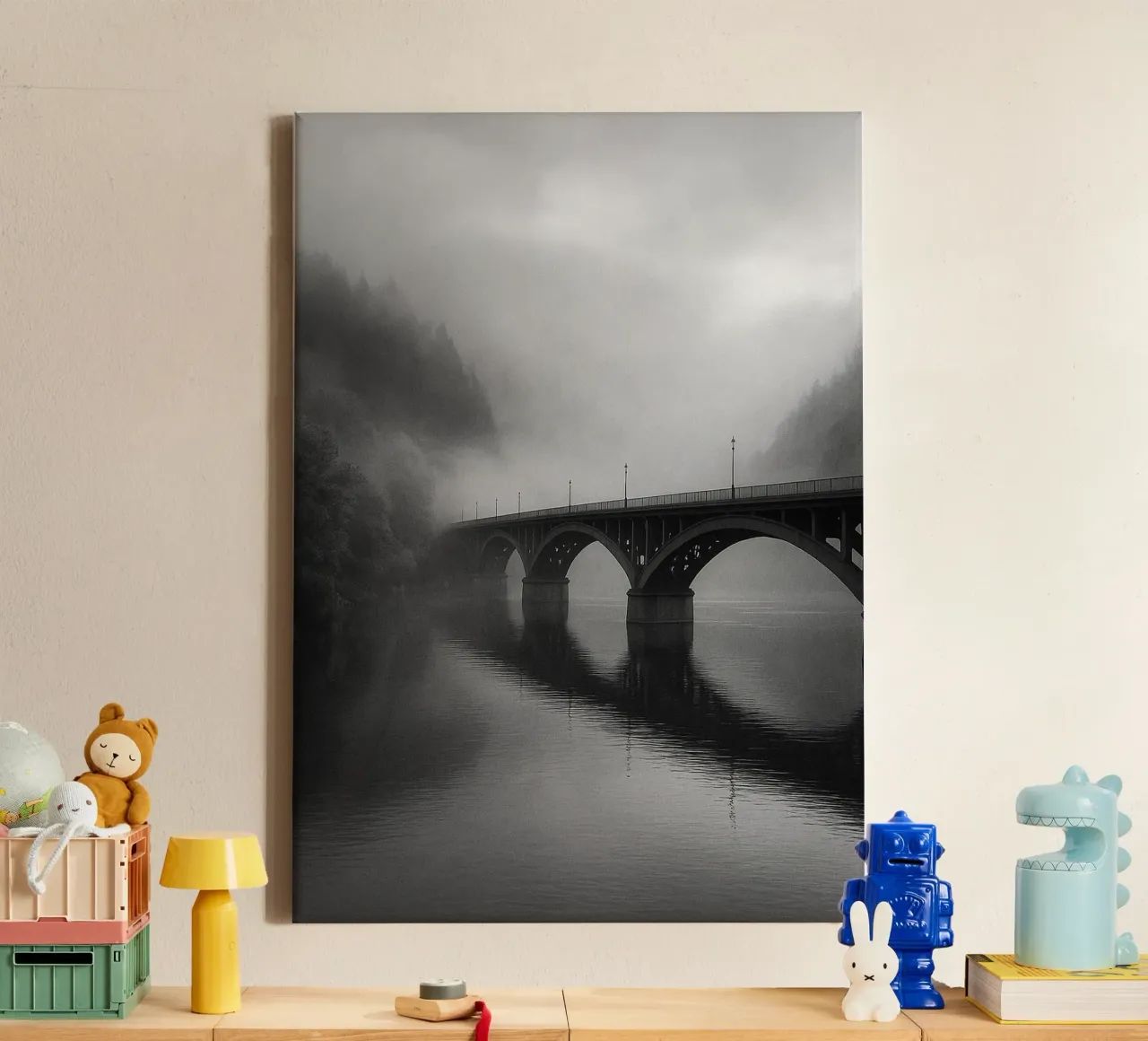 ponte sul fiume fotografia in bianco e nero tela con Cornice a cassetta da roosses