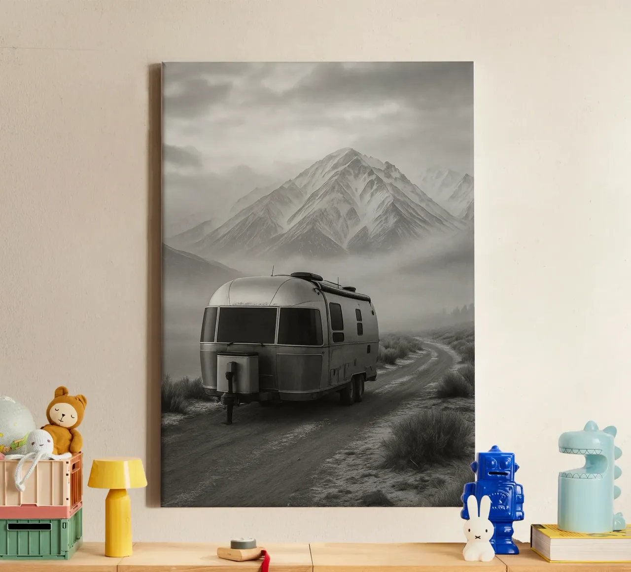 camper van in the mountains black and white photography canvas with Floater frame by roosses