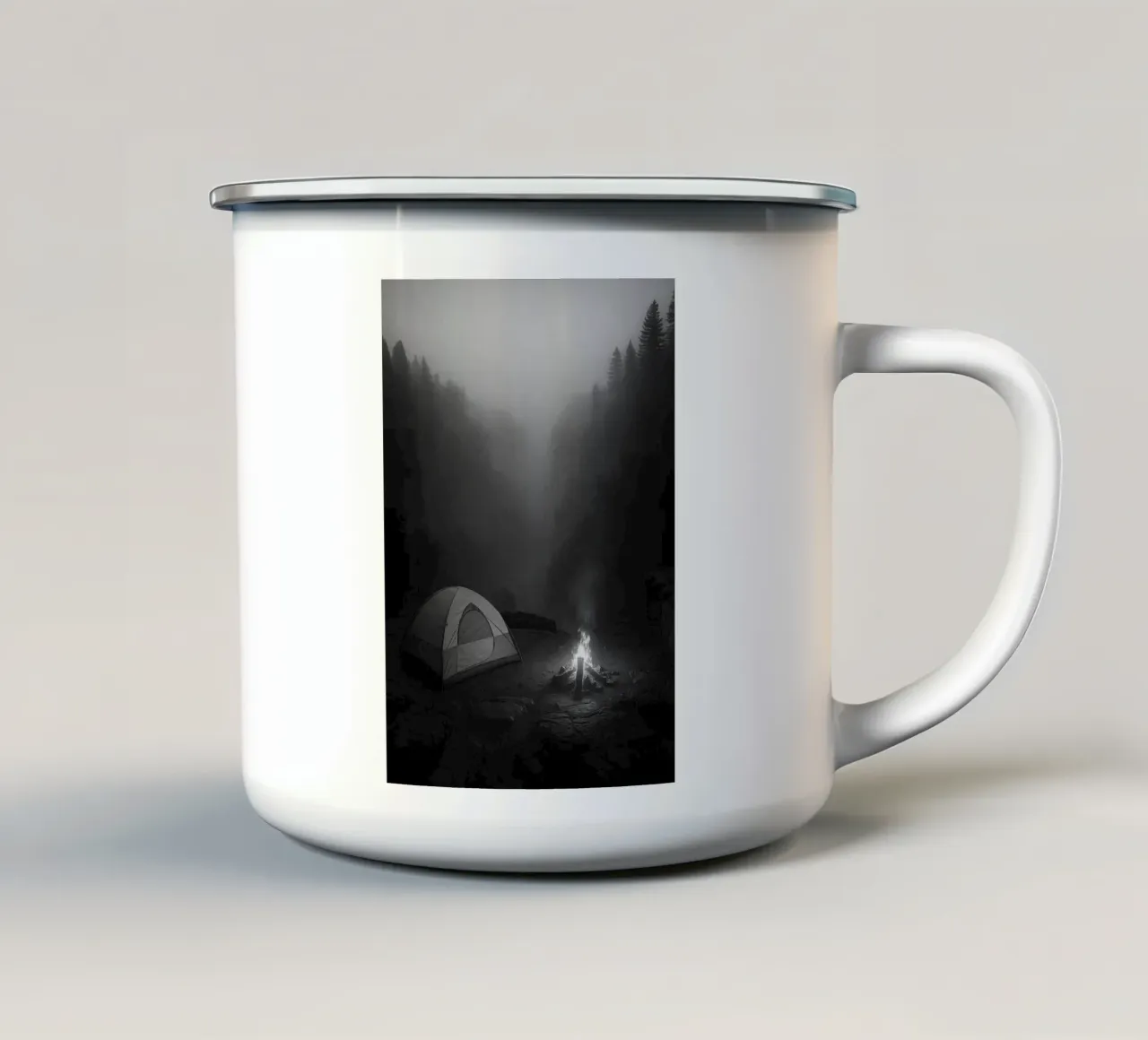 fotografia in bianco e nero di campeggio e falò tazza in smalto da roosses