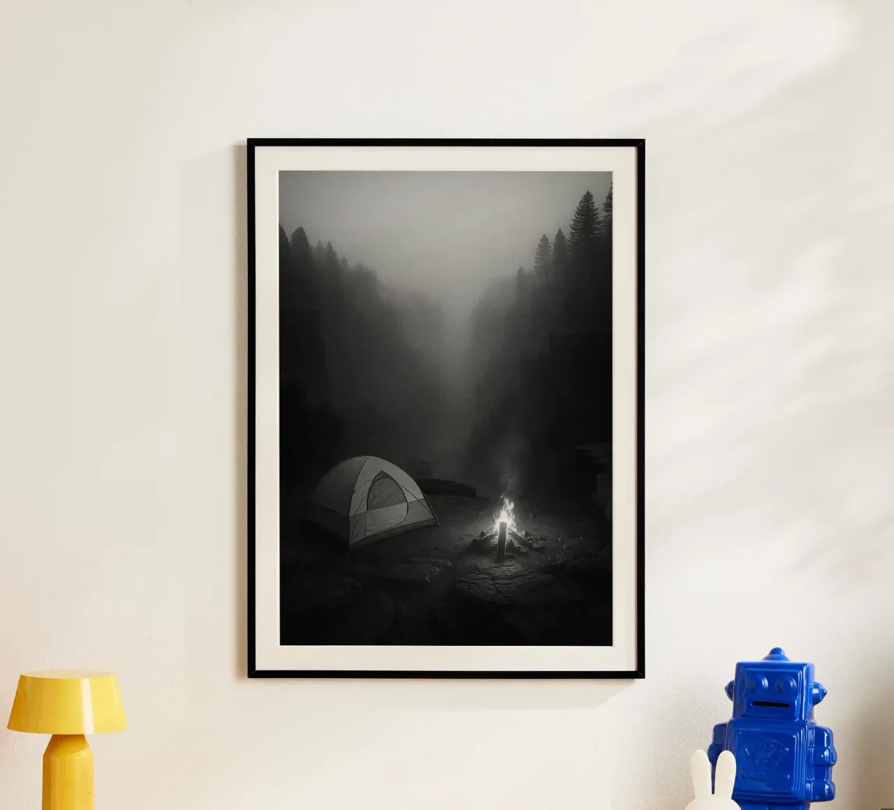 fotografia in bianco e nero di campeggio e falò poster da roosses