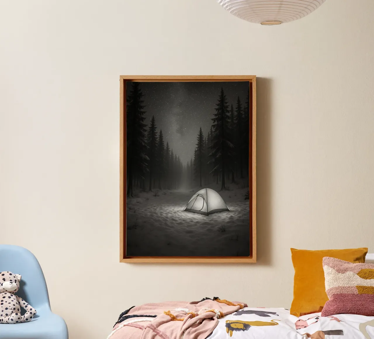 camping dans la forêt enneigée photographie en noir et blanc toile avec Caisse américaine de roosses