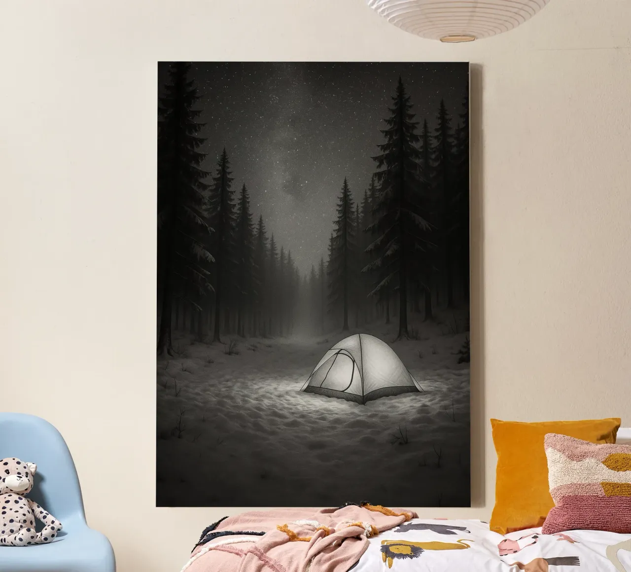 camping dans la forêt enneigée photographie en noir et blanc toile avec Caisse américaine de roosses