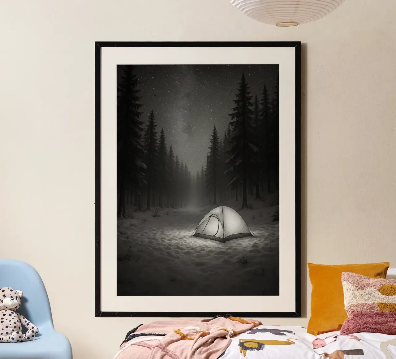 campeggio nella foresta di neve fotografia in bianco e nero poster da roosses