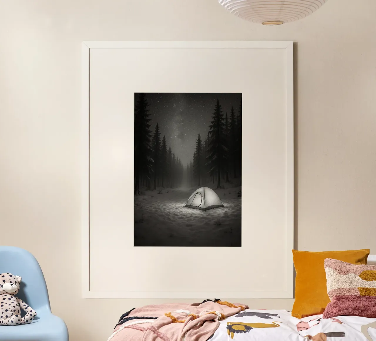 campeggio nella foresta di neve fotografia in bianco e nero poster da roosses