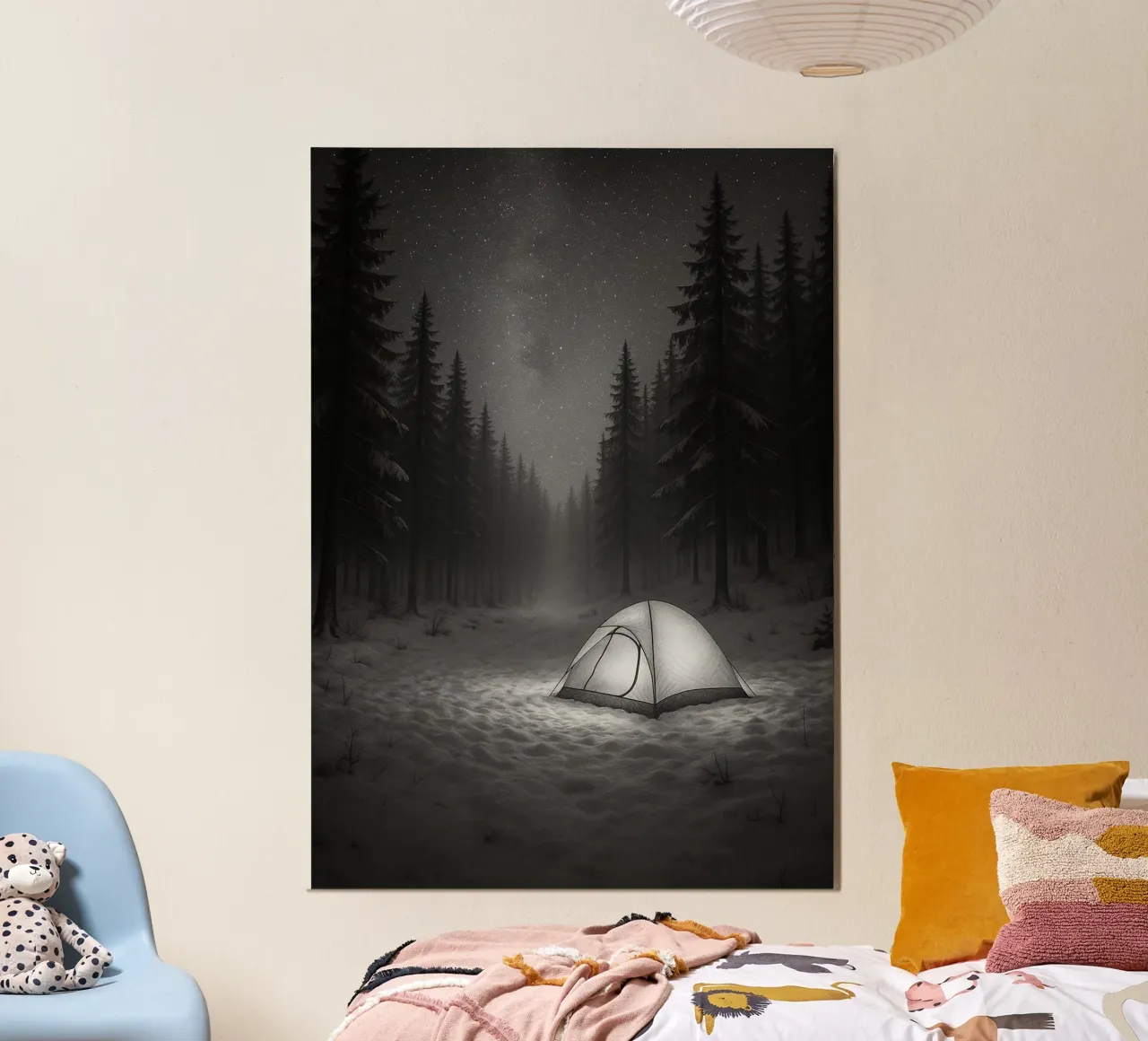 campeggio nella foresta di neve fotografia in bianco e nero poster da roosses